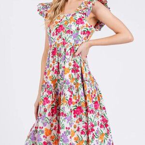 Mittoshop Flower Print Ruffle Shoulder A-line Mini Dress